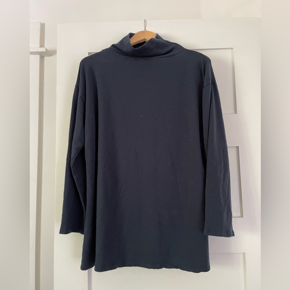 Eileen Fisher Cozy Brushed Terry Hug Funnel Neck Long Top Size XS Dusty Blue